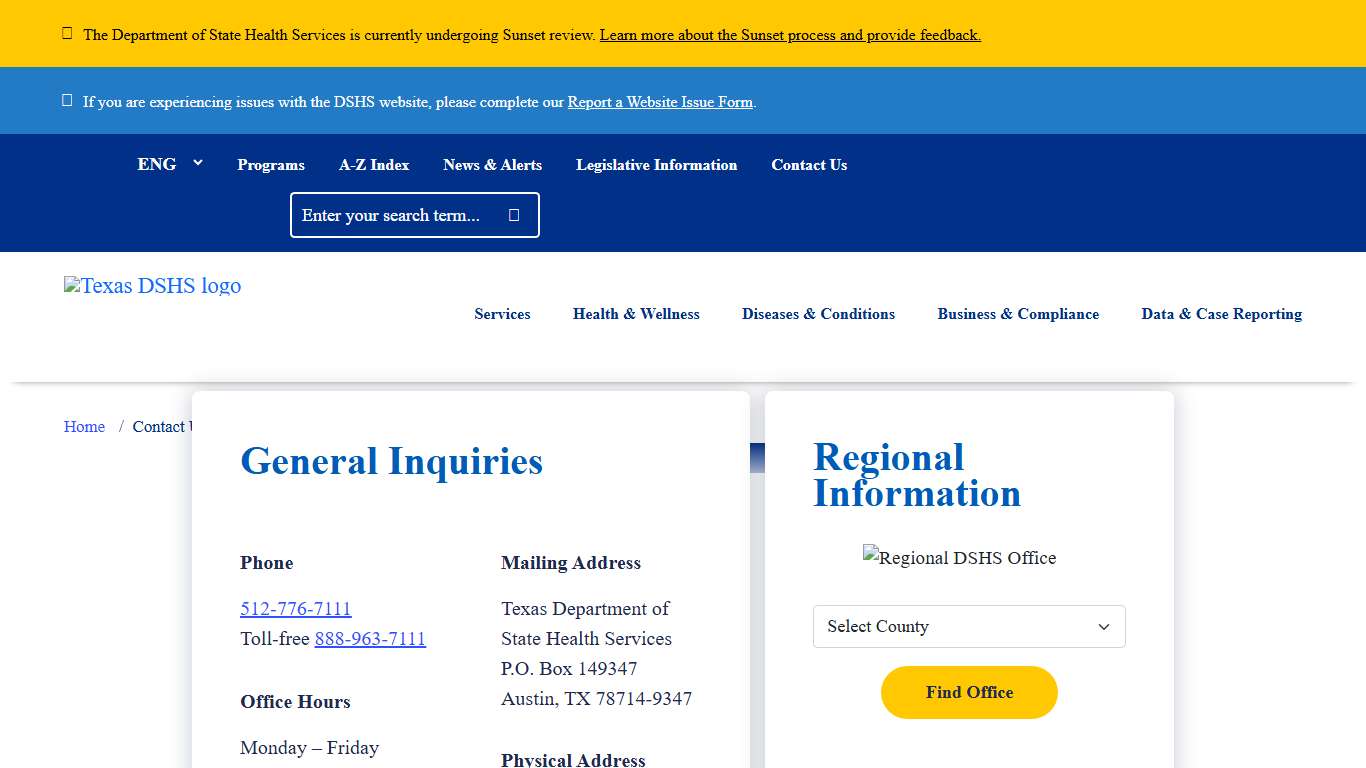 Contact Us Texas DSHS